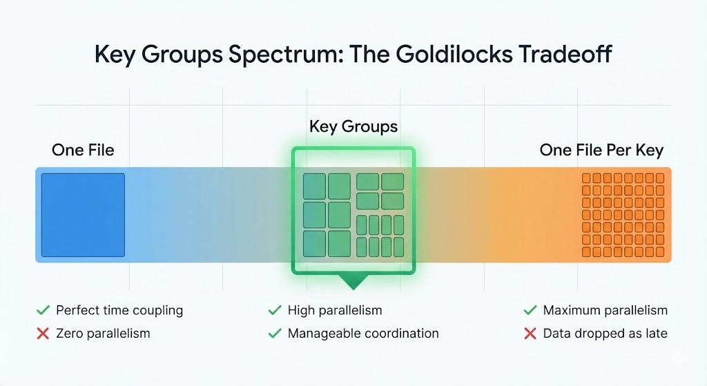 Spectrum showing One File (perfect time coupling, zero parallelism) on left, Key Groups (high parallelism, manageable coordination) in the middle as the sweet spot, and One File Per Key (maximum parallelism, data dropped as late) on the right