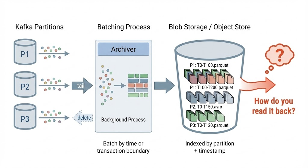 Archiving pipeline: Kafka partitions are tailed by a background process that batches records and writes to blob storage, indexed by partition and timestamp